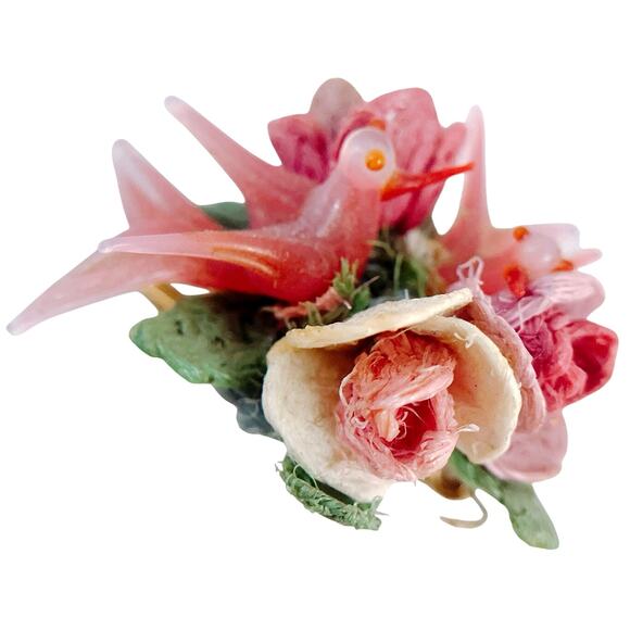 Vintage Glass Bird & Floral Brooch - Handmade 1940s-60s, Mixed Materials, OOAK - Picture 1 of 8